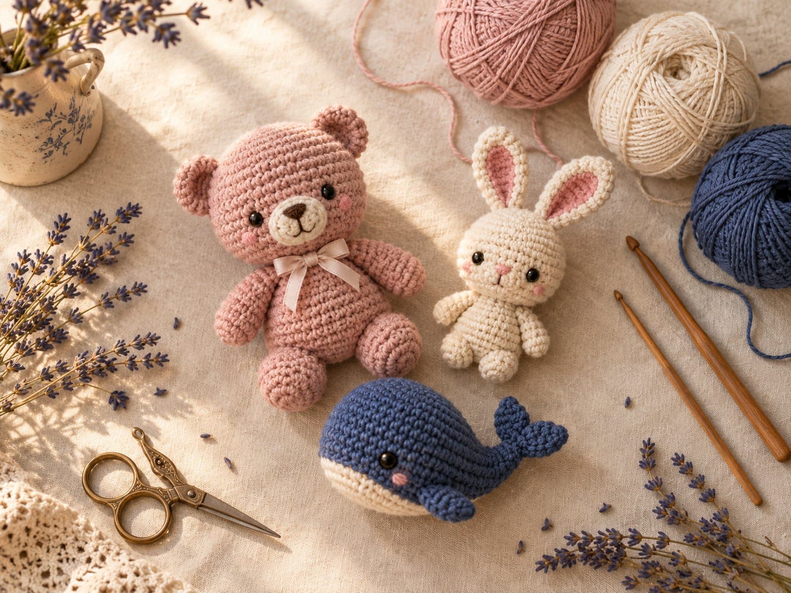 Handmade crochet amigurumi bear, whale and bunny arranged with yarn balls, wooden hooks and brass scissors on cream linen