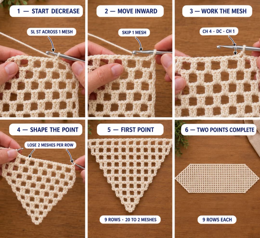 Part 2 of the pumpkin table runner: slip stitching across one mesh to decrease, a triangle point narrowing row by row, the tip of 2 meshes, and the mesh runner with a point at each end