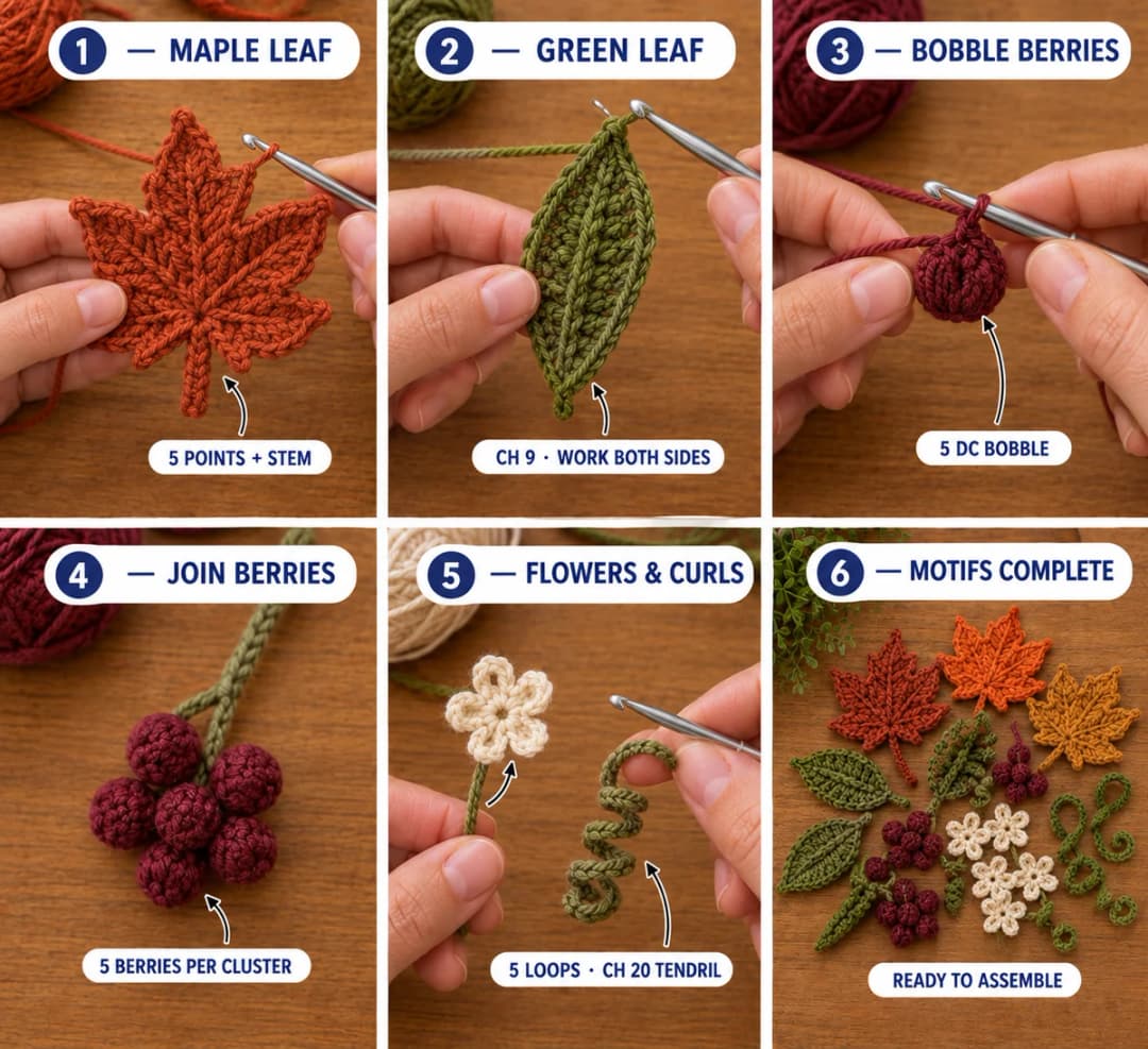 Part 5 of the pumpkin table runner: a rust maple leaf with five points and a stem, an olive green leaf worked on both sides of a 9-chain, a burgundy 5-double-crochet bobble berry, a cluster of five berries, a cream five-loop flower and a curled green tendril, and all the motifs ready to assemble