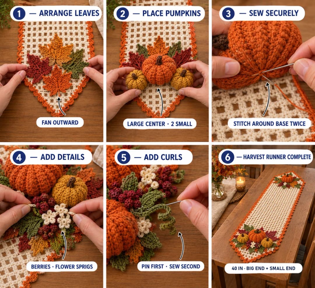 Part 6 of the pumpkin table runner: maple and green leaves fanned outward on the point, a large pumpkin in the center with two small ones, sewing around a pumpkin base twice, berries and flower sprigs tucked in, tendrils pinned first and sewn second, and the finished 40-inch runner with a big end and a small end
