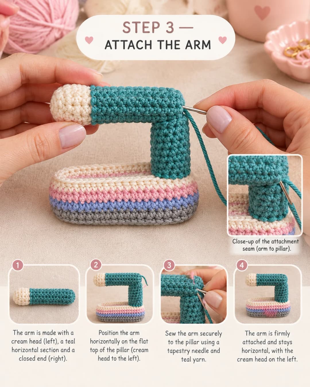 Step 3 of the crochet sewing machine keychain: the arm with a cream head and teal body, laid horizontally on the flat top of the pillar with the head to the left, and sewn to the pillar with teal yarn so it stays level