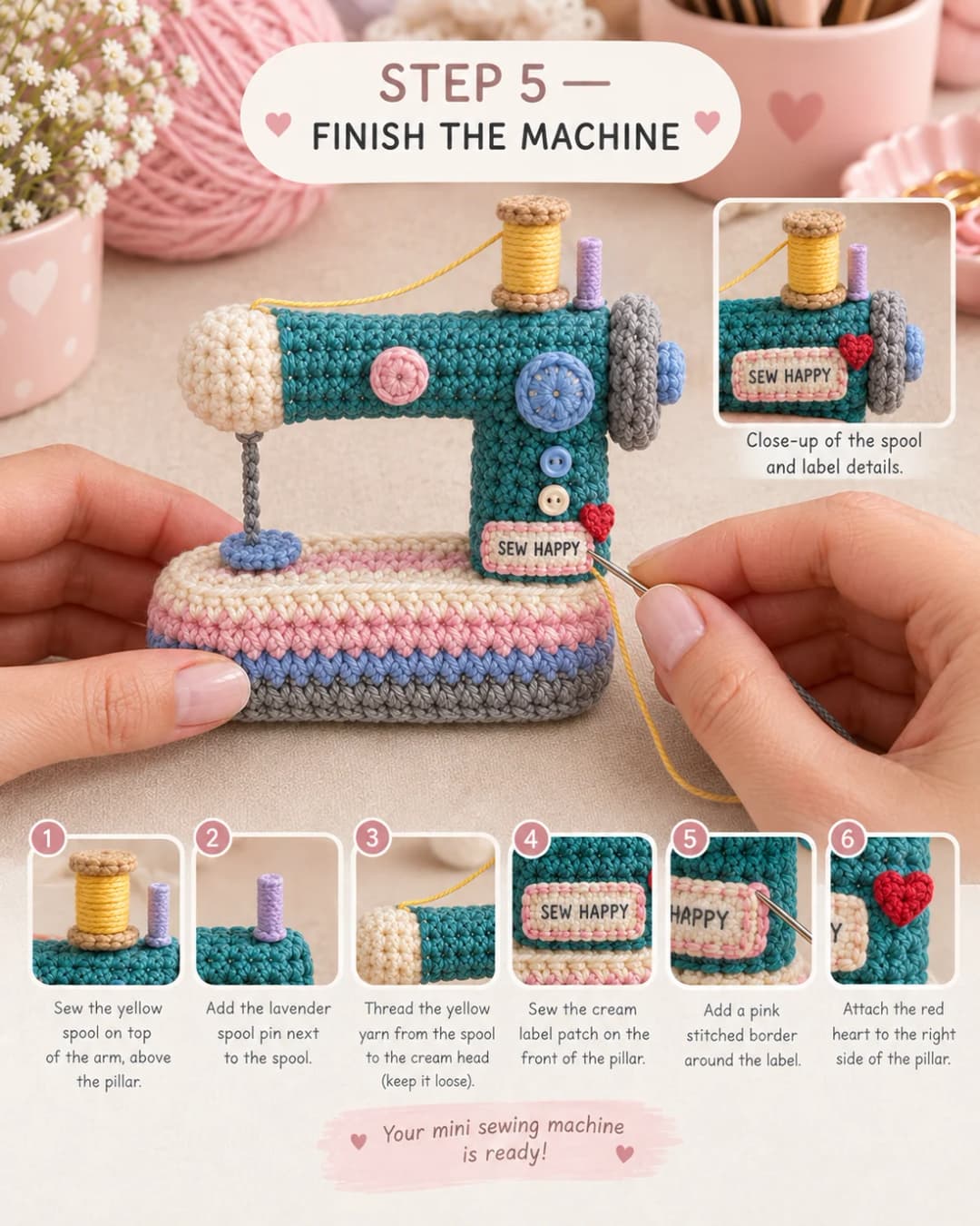 Step 5 of the crochet sewing machine keychain: sewing the yellow spool on top of the arm above the pillar, adding the lavender spool pin beside it, threading the yellow yarn loosely from the spool to the cream head, sewing the cream Sew Happy label with a pink stitched border on the pillar front, and attaching the red heart to the right side