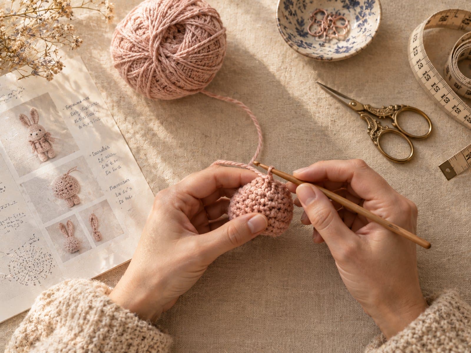 Hands crocheting a small blush pink amigurumi piece with a wooden hook, beside a printed pattern sheet with handwritten notes, brass scissors, and a partially unrolled tape measure on a cream linen tablecloth