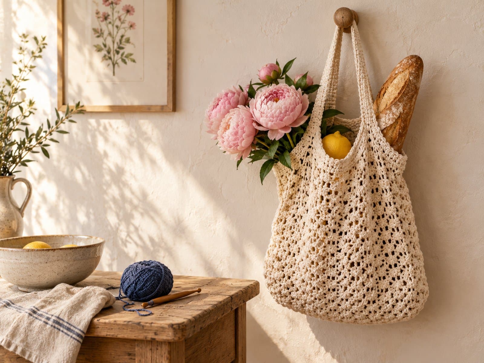 Cream crochet market bag hanging on a wooden peg, filled with a baguette, blush peonies and a lemon, with yarn and hook on a console table below
