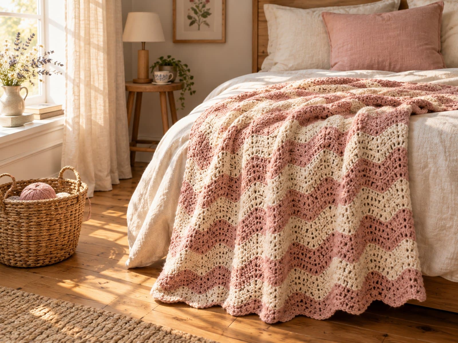 Finished blush and cream crochet ripple baby blanket draped across a linen bed with a wicker basket of yarn on the floor