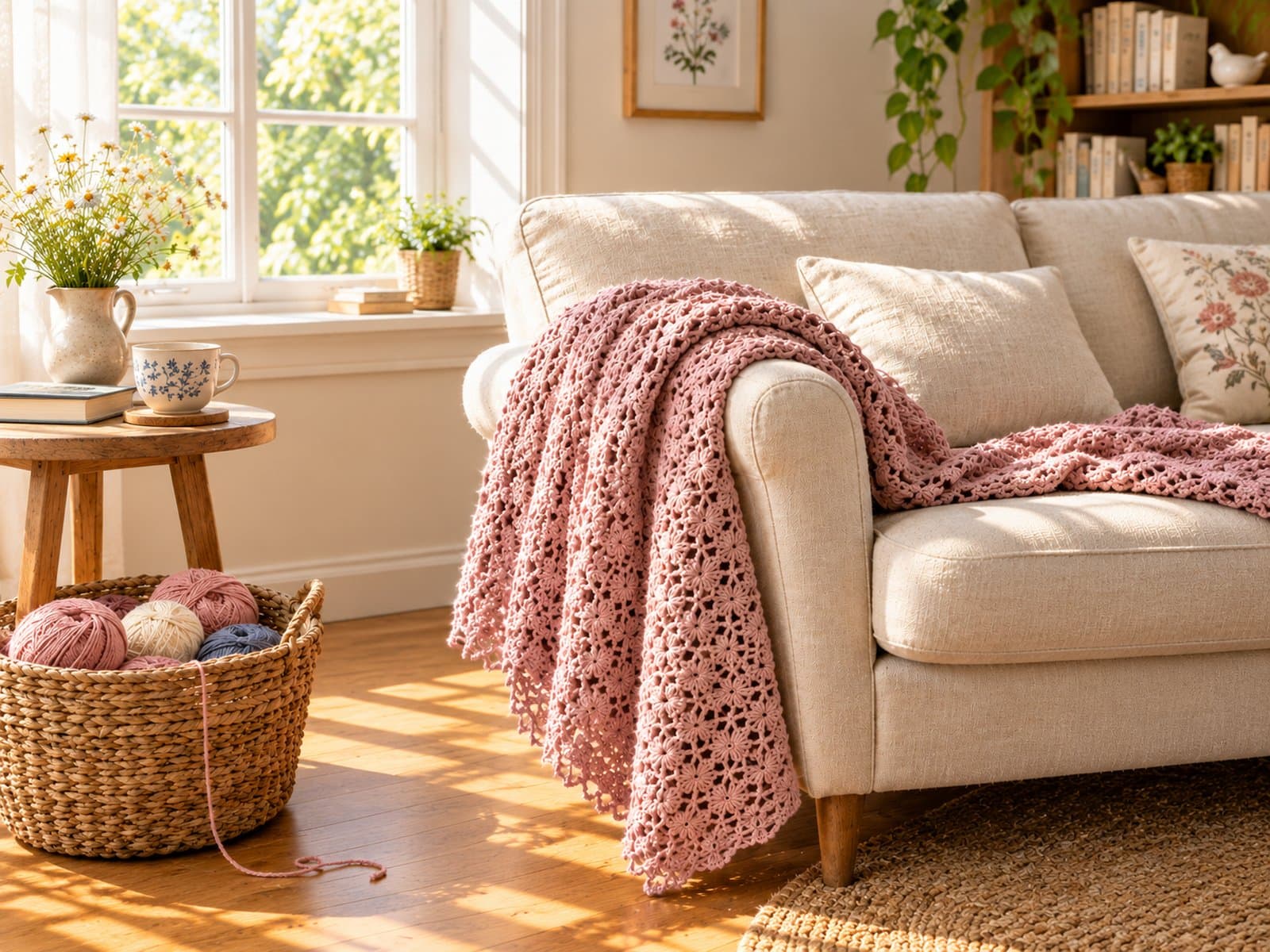 Finished blush and cream granny-square crochet cardigan on a wooden hanger
