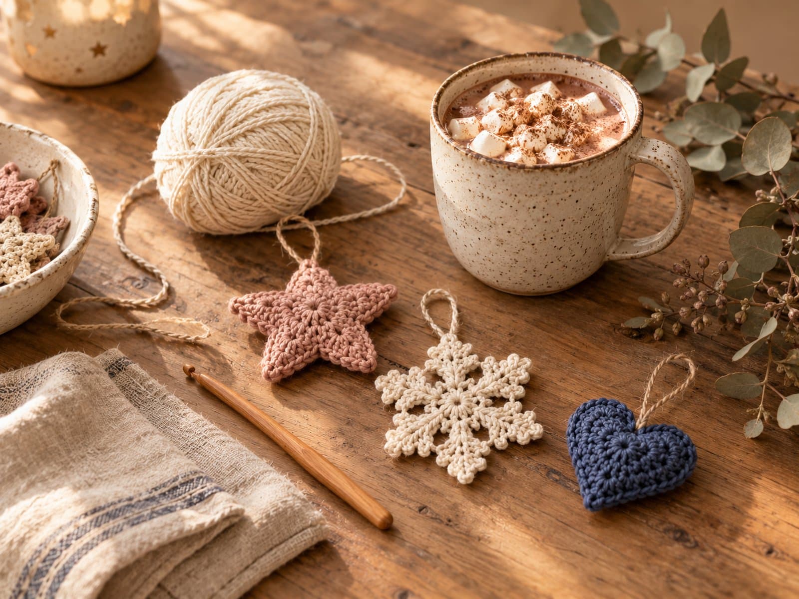 Small blush, cream and navy crochet Christmas ornaments scattered on a rustic wooden table beside a warm cup of hot chocolate