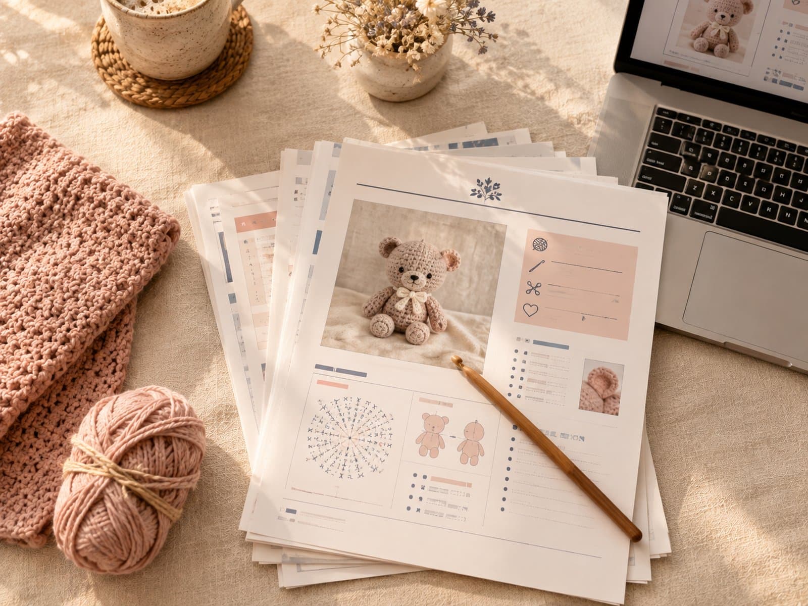 A stack of printed Wavode crochet pattern PDFs fanned out on cream linen, with a folded blush knit swatch, small skein of blush yarn tied with twine, and a wooden crochet hook resting on top
