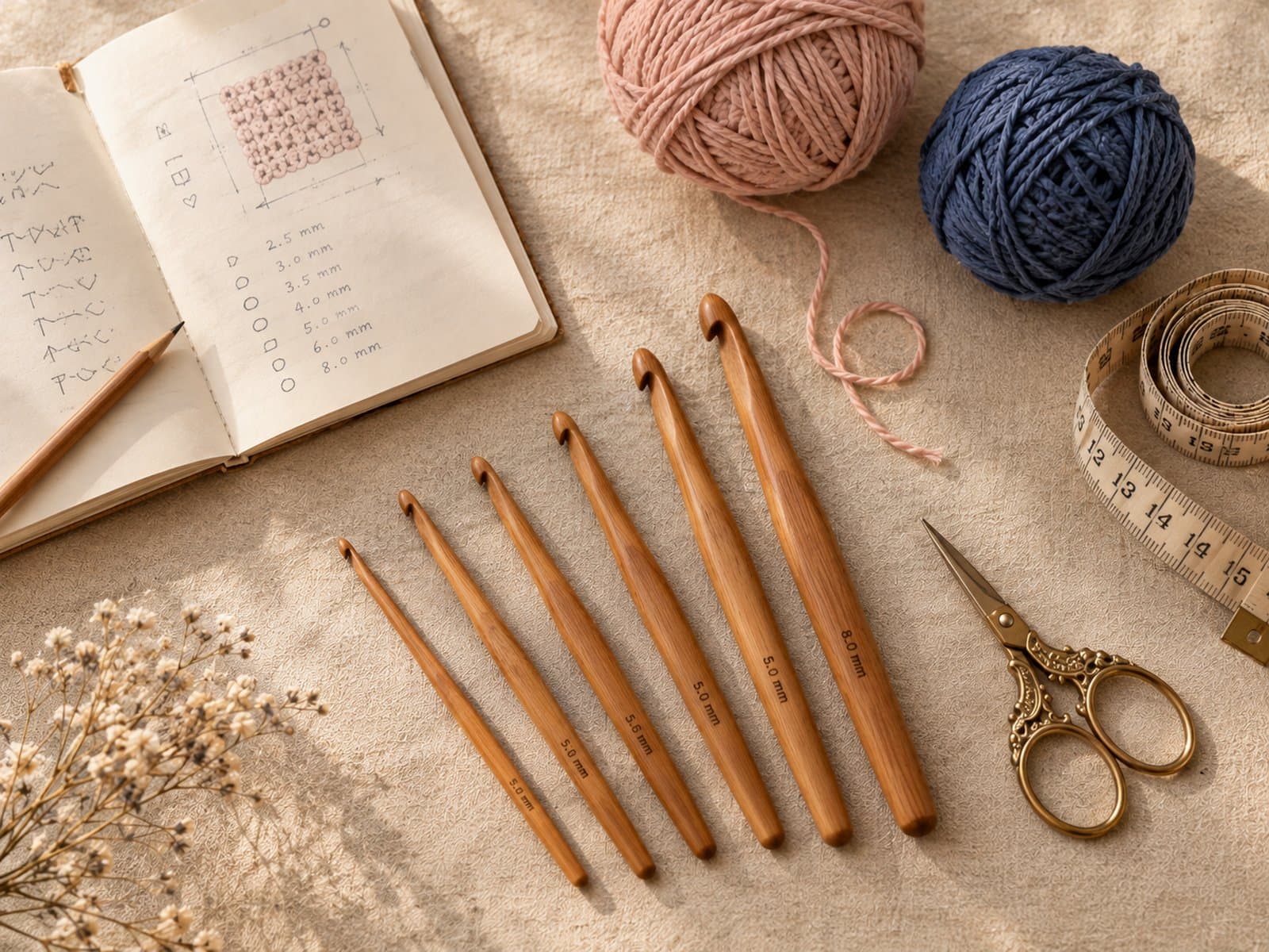 A flat-lay of five wooden crochet hooks in different sizes, an open notebook with a hand-drawn gauge swatch, brass scissors, a tape measure, and small balls of blush and navy yarn on cream linen
