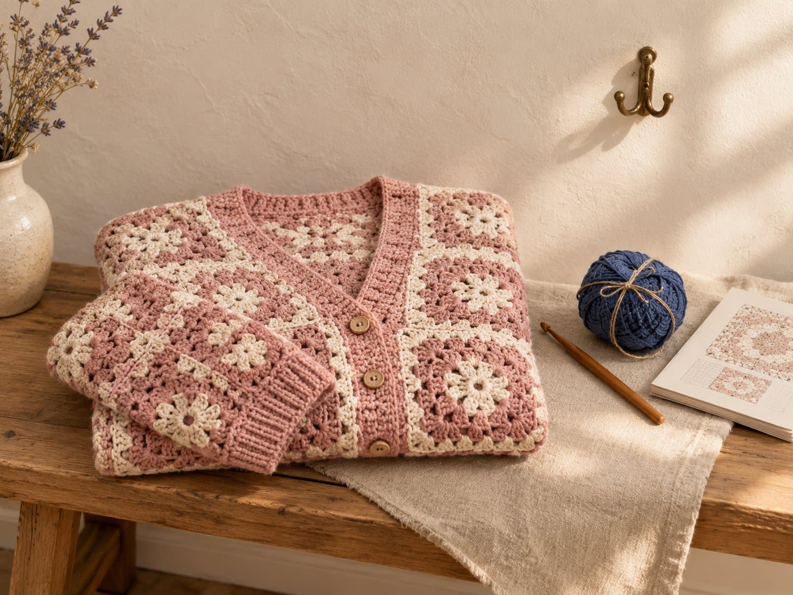 Finished blush and cream granny-square crochet cardigan folded on a raw linen bench with a wooden hook and pattern sheet