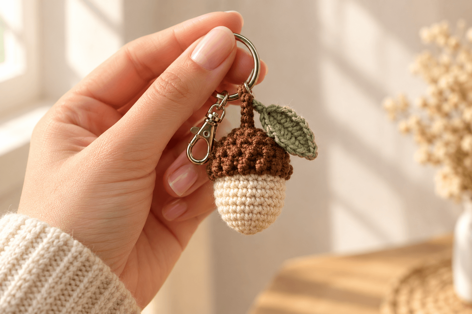 A handmade mini crochet acorn keychain held on a fingertip — a small round cream-body acorn amigurumi about 5 cm tall with a textured brown cap, tiny brown stem, and green leaf, mounted on a silver split-ring keychain on cream linen in soft window light