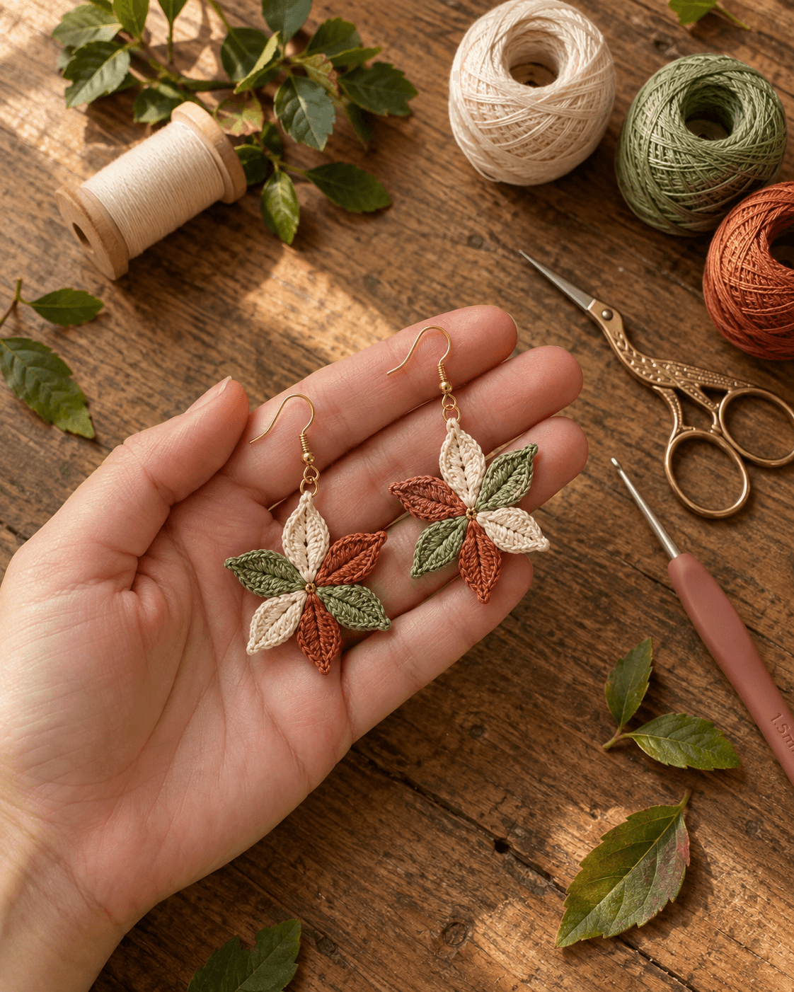 Handmade autumn leaf crochet earrings — a six-leaf starburst in cream, sage green, and terracotta cotton thread radiating from a small gold center, hanging from gold fish-hook ear wires and held in an open palm on a rustic wooden bench with green leaves, thread balls, and stork scissors around it