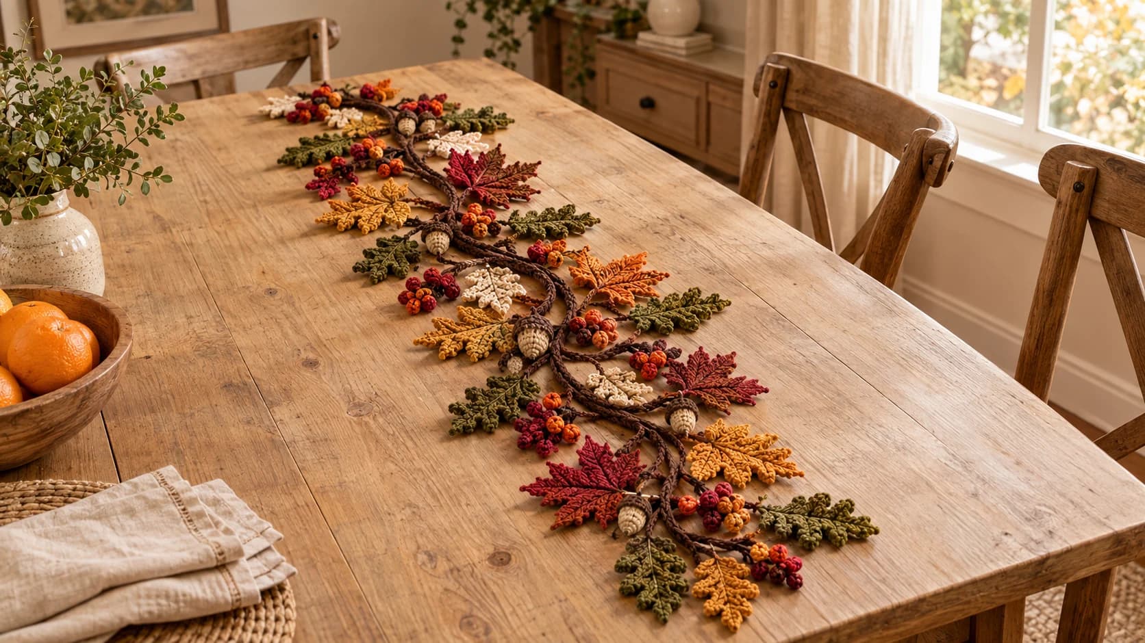 Autumn leaves crochet table runner on a rustic oak dining table: a winding brown vine with oak and maple leaves in olive, mustard, cream, pumpkin and burgundy, small acorns and clusters of red and orange berries