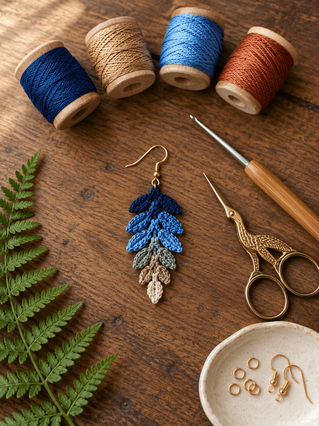 Overhead flat-lay of a single handmade boho fern leaf crochet earring in a descending five-color ombré — deep navy at the top through medium blue, sage green, warm tan, to ivory cream at the tip — resting on dark walnut wood beside four wooden spools of thread (navy, copper-tan, medium blue, terracotta), a bamboo-handled 1.5 mm steel crochet hook, antique brass stork embroidery scissors, and a speckled cream ceramic dish holding gold jump rings and fish-hook ear wires, with a fresh green fern frond in the upper-left corner