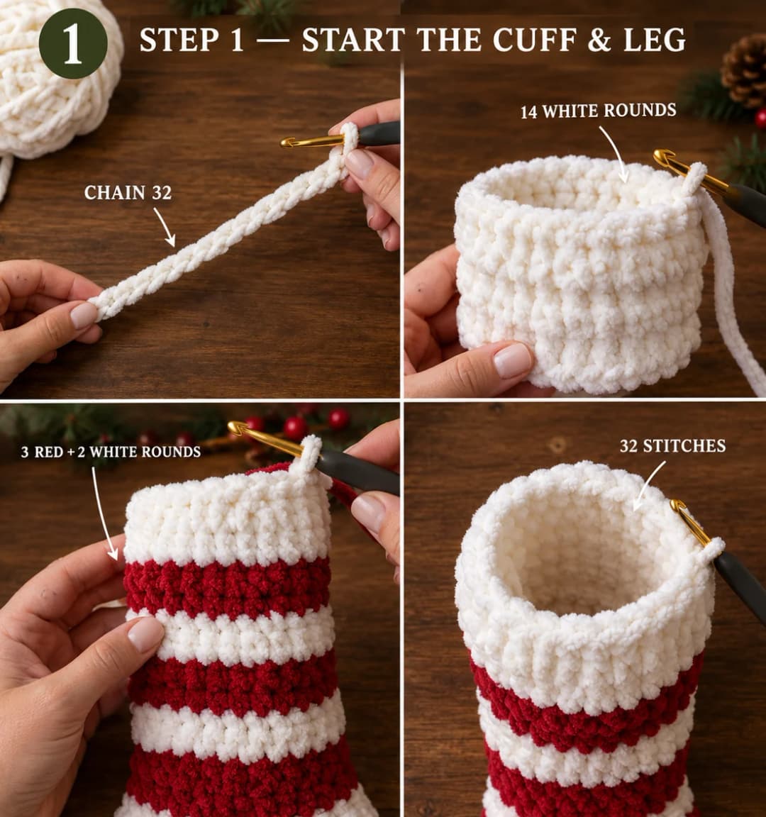 Part 1 of the amigurumi Christmas stocking: a ring of 32 white chenille chains, the white cuff of 14 rounds, joined rounds of red and white stripes with the unused color carried inside, and the striped leg finishing in red
