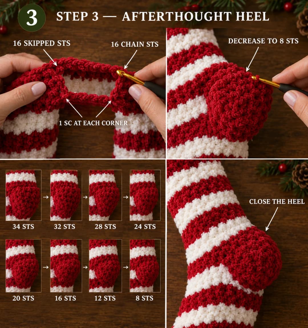Part 3 of the amigurumi Christmas stocking: the heel opening with the skipped stitches and the chain edge, single crochet around both edges and the corners, the heel decreasing in rounds, and the finished round red heel
