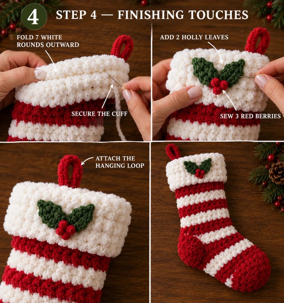 Part 4 of the amigurumi Christmas stocking: the white cuff folded down over the outside, a folded red chenille hanging loop sewn at the back of the cuff, two green holly leaves with three points on each side, three red bobble berries, and the holly sprig sewn onto the white cuff