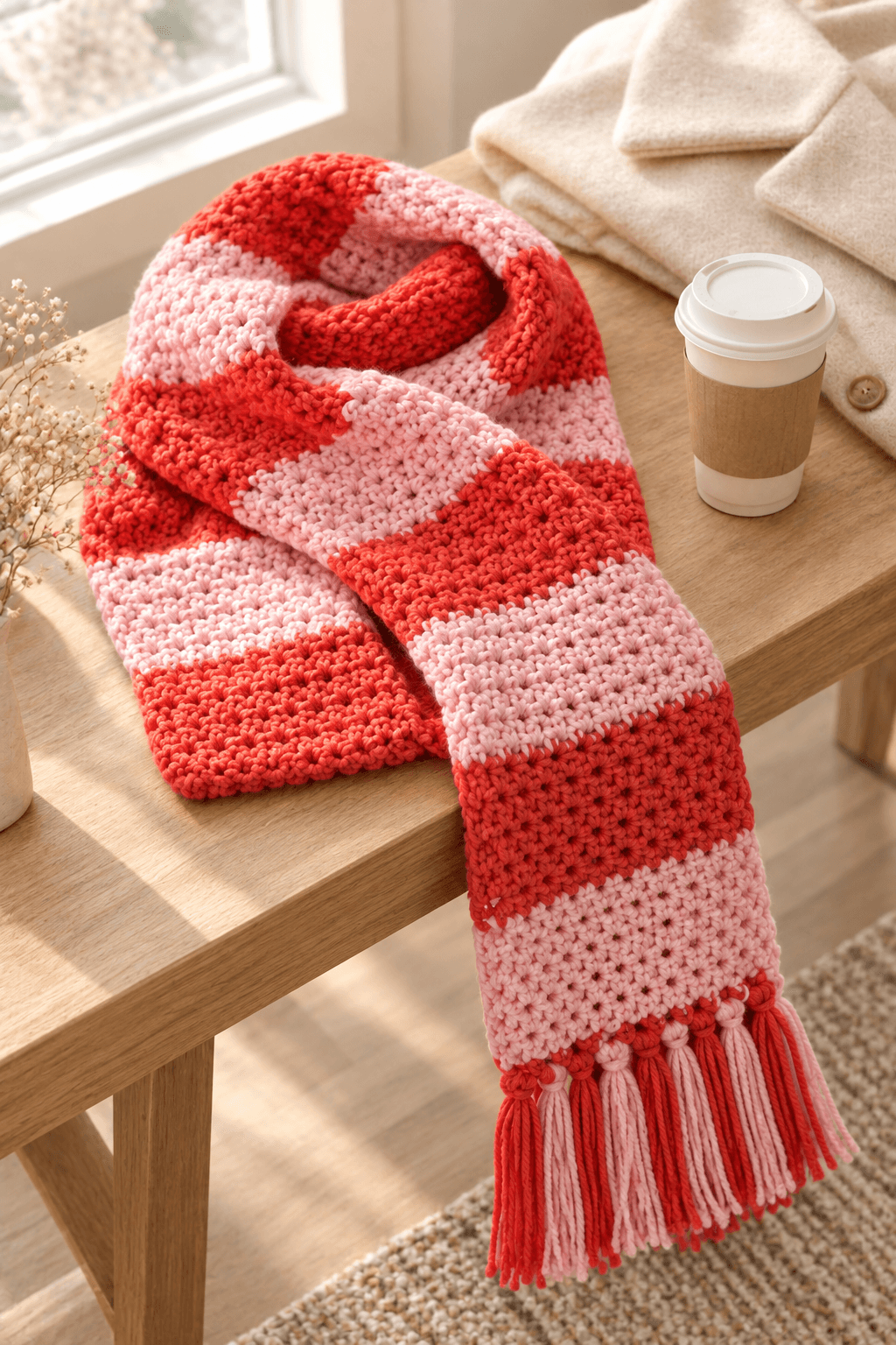 Chunky red and pink striped crochet scarf draped over a light oak bench with a takeaway coffee cup and folded cream wool coat in soft morning light