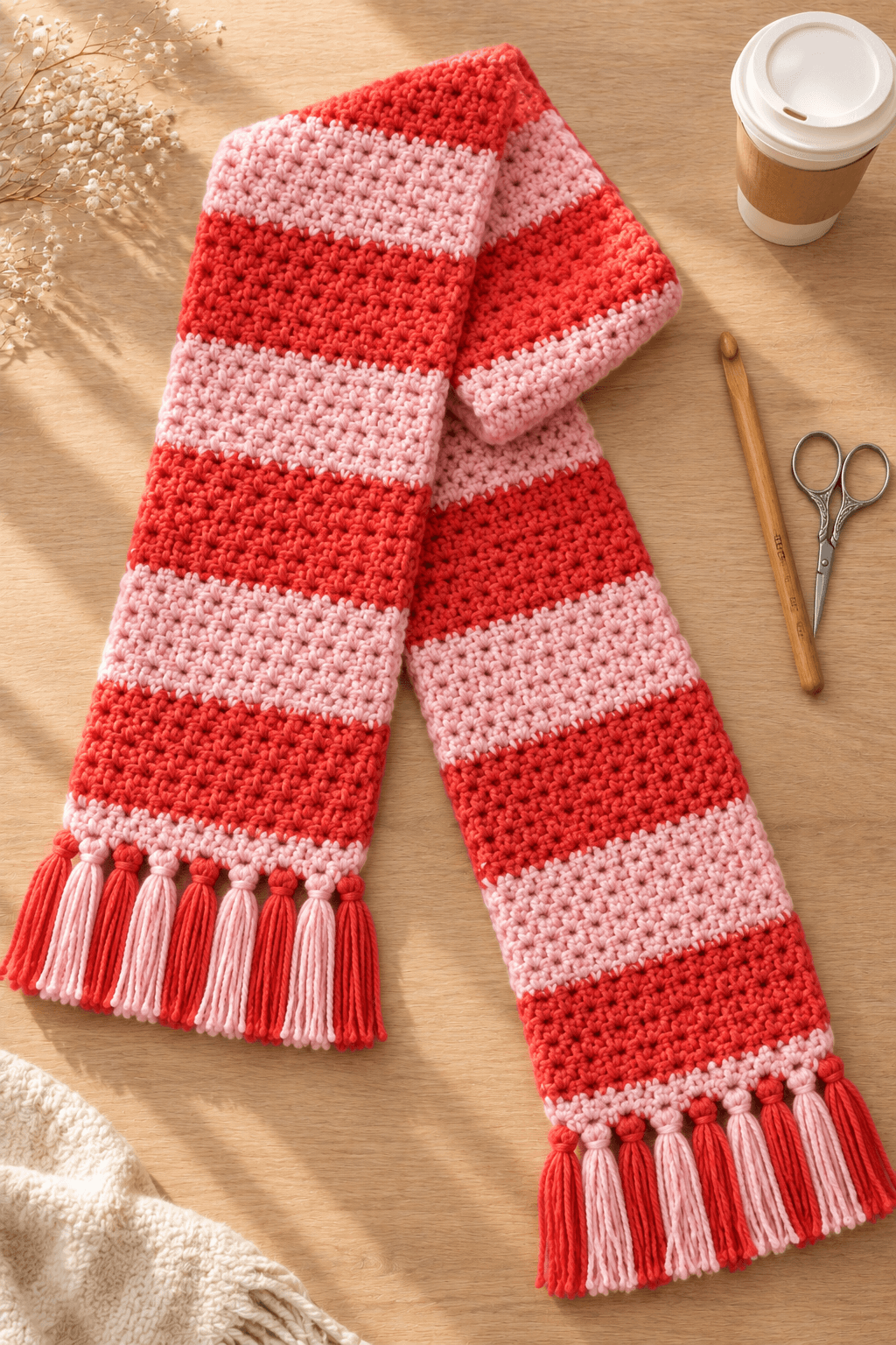 Finished chunky red and pink striped crochet scarf with clean alternating tassel fringe on a light oak surface with a crochet hook and silver scissors beside it