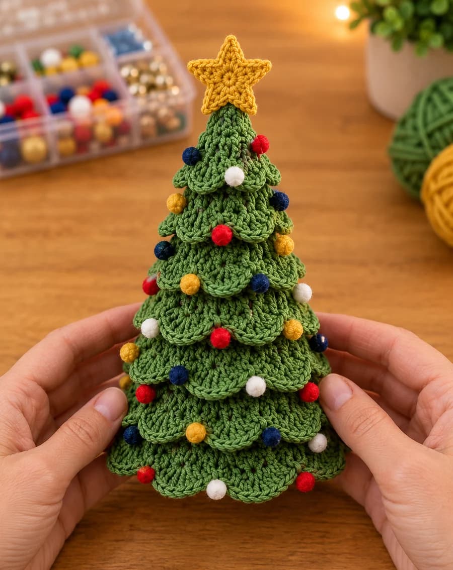 Two hands holding a green crochet Christmas tree made of scalloped tiers, dotted with red, white, gold and navy pom-pom baubles and topped with a mustard yellow crochet star, over a wooden table
