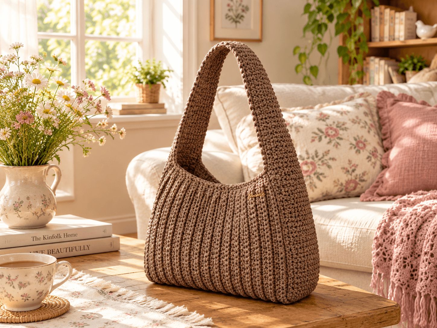 Ribbed crochet hobo bag in mocha brown polyester cord with a wide one-piece shoulder strap, standing upright on a wooden coffee table in a sunny living room