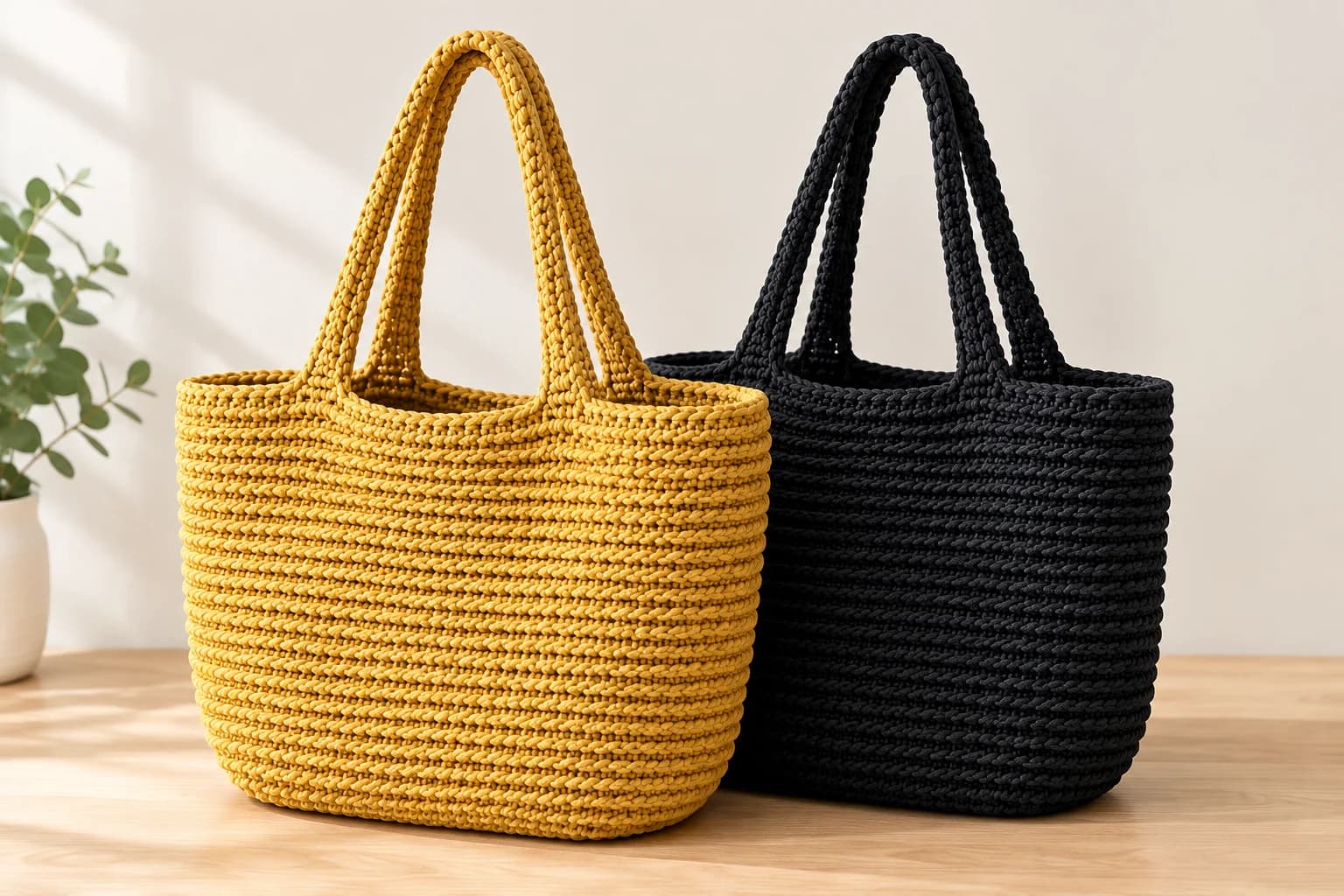 Two finished crochet shopper bags in mustard and black polyester cord with rope-like ridges and long built-in handles, standing side by side on a light oak table