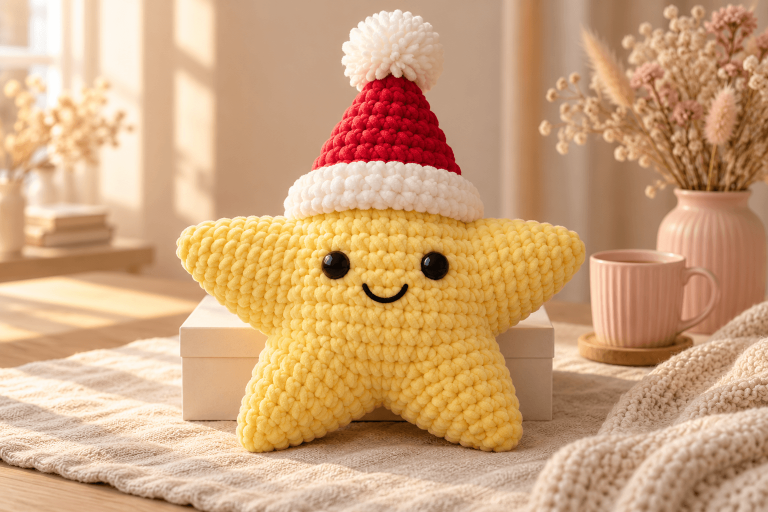 Yellow chenille five-point crochet star with shiny black eyes and a stitched smile, wearing a red Santa hat with a thick folded white brim and fluffy pompom, propped against a cream gift box on oatmeal linen over light oak, with blush pink ceramics behind