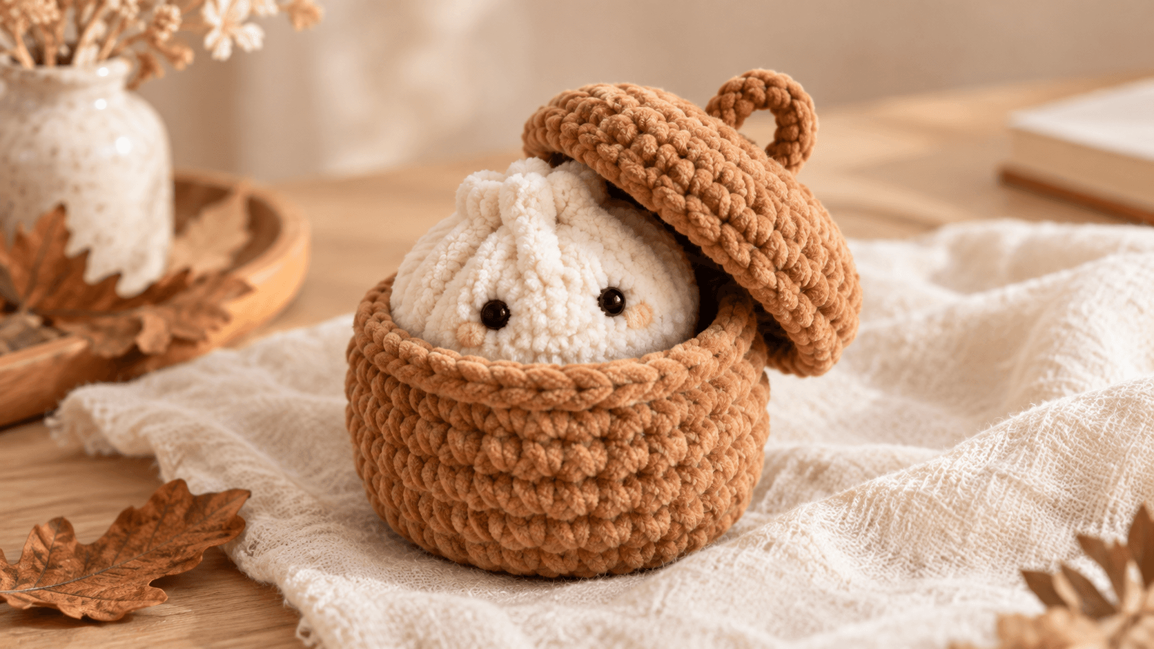 Handmade chunky crochet dumpling amigurumi in soft white chenille yarn with black safety eyes and pink cheek blush, nestled inside a warm caramel brown lidded basket with a small looped handle, styled with dried autumn oak leaves and a cream ceramic vase on cream linen over a light oak wooden desk