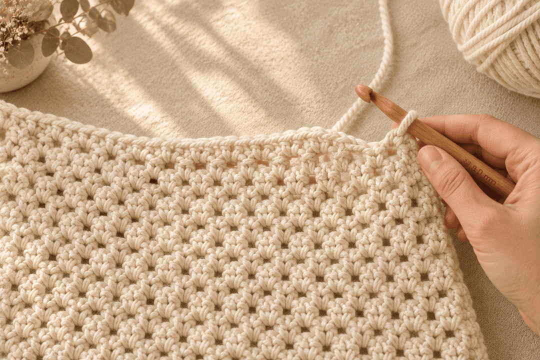Close-up of moss stitch texture in cream chunky yarn showing the airy honeycomb pattern with the 8 mm hook mid-row