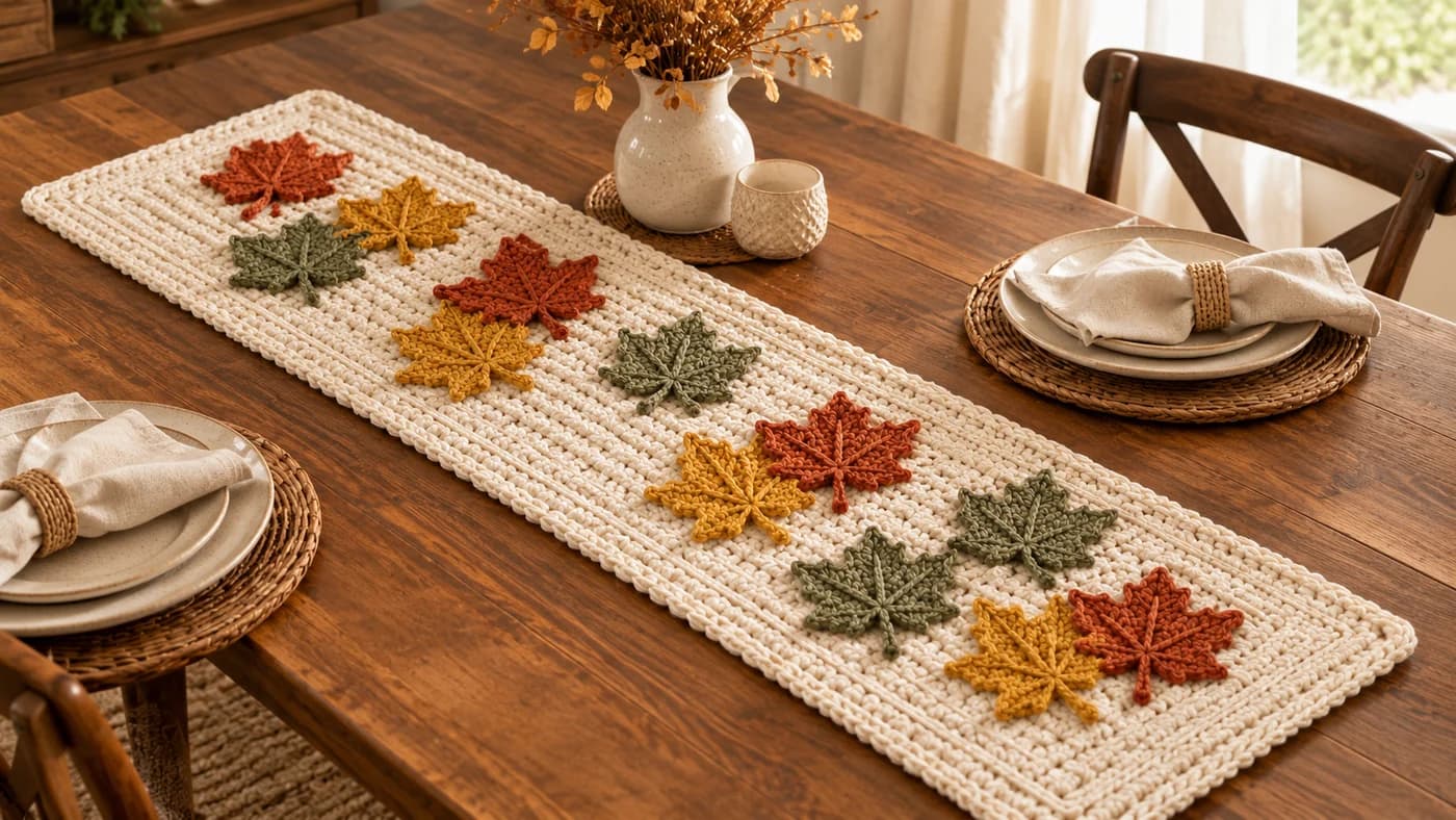 Easy crochet table runner pattern: a cream knit-look runner with a framed border on a wooden dining table, with twelve rust, mustard and sage green maple leaf appliqués with raised veins running down its length, some overlapping in pairs, next to plates on woven chargers and a vase of dried flowers