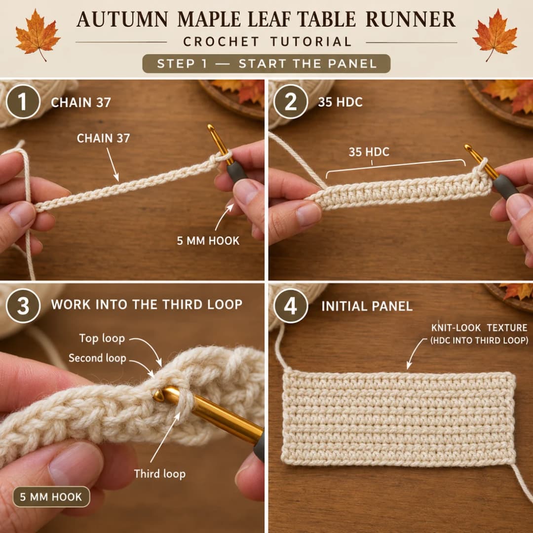 Step 1 of the easy crochet table runner: a cream foundation chain of 37 on a 5 mm hook, the first row of 35 half double crochet, the top, second and third loops of a stitch, and the start of the knit-look panel