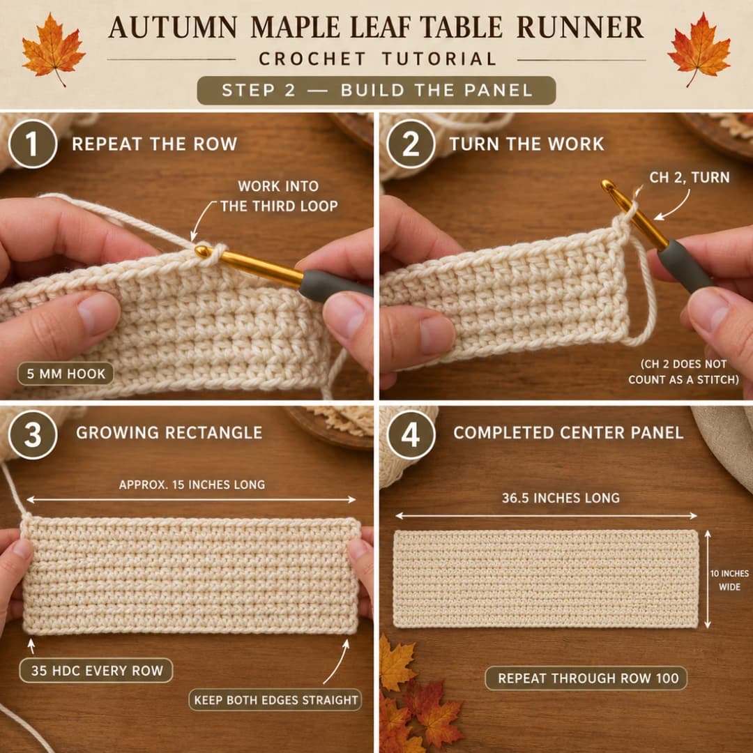 Step 2 of the easy crochet table runner: working into the third loop, chaining 2 and turning, the growing rectangle of 35 stitches per row with straight edges, and the completed center panel, 10 inches wide and 36.5 inches long after 100 rows