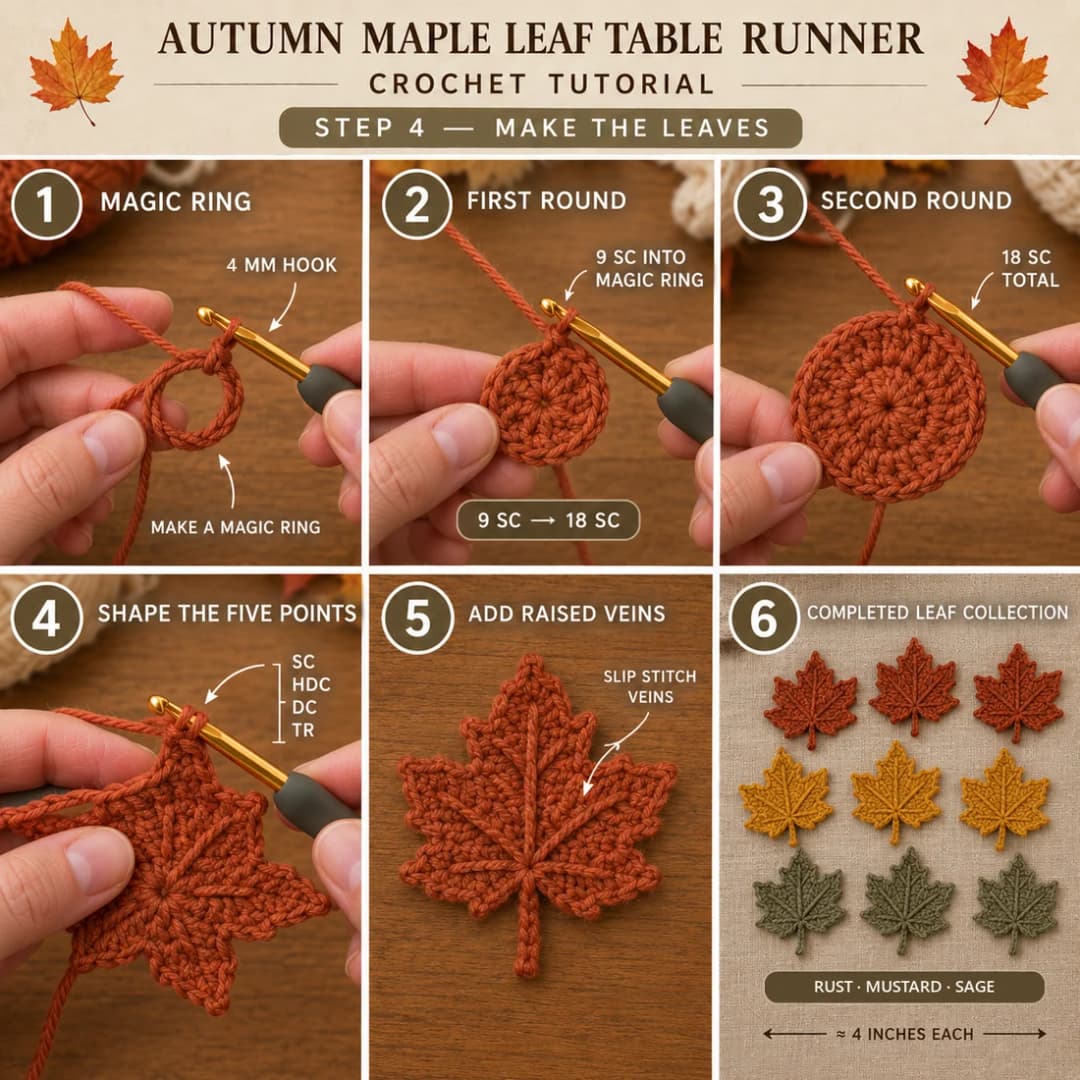 Step 4 of the easy crochet table runner: a rust magic ring on a 4 mm hook, 9 single crochet into the ring, the round of 18, shaping the five points with sc, hdc, dc and tr, raised slip stitch veins, and finished maple leaves in rust, mustard and sage, about 4 inches each