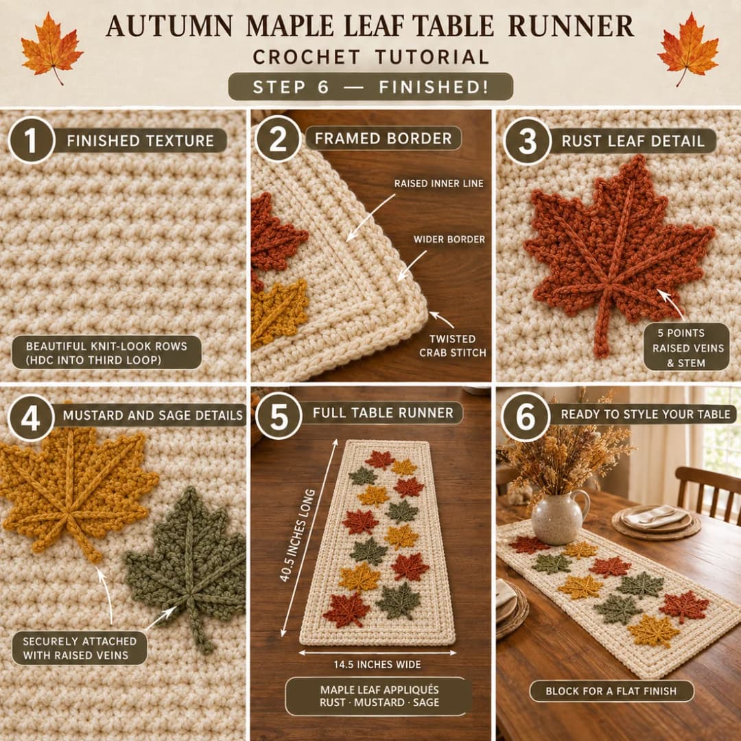 Step 6 of the easy crochet table runner: the knit-look texture of hdc worked into the third loop, the framed border with a raised inner line and a twisted crab stitch edge, rust, mustard and sage leaves with raised veins, and the full runner, 40.5 inches long and 14.5 inches wide, styled on a dining table
