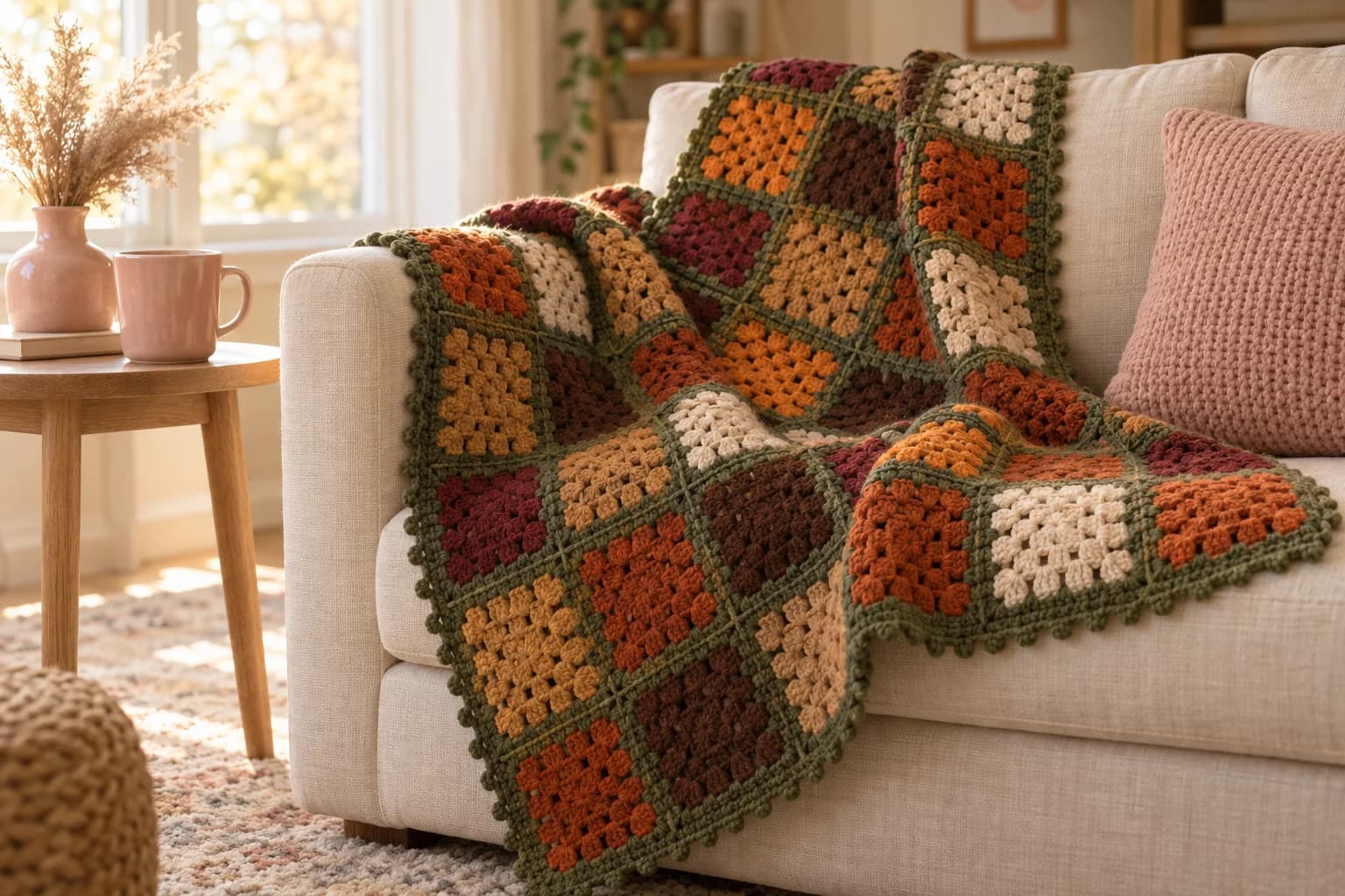 Fall granny square blanket draped over a cream linen sofa: small solid granny squares in rust, pumpkin, camel, chocolate, burgundy and oatmeal, each framed in olive green and joined as you go into a narrow olive grid, with an olive border of small picot bumps, next to a blush pink knit cushion and a light oak side table with a pink mug and a vase of dried pampas