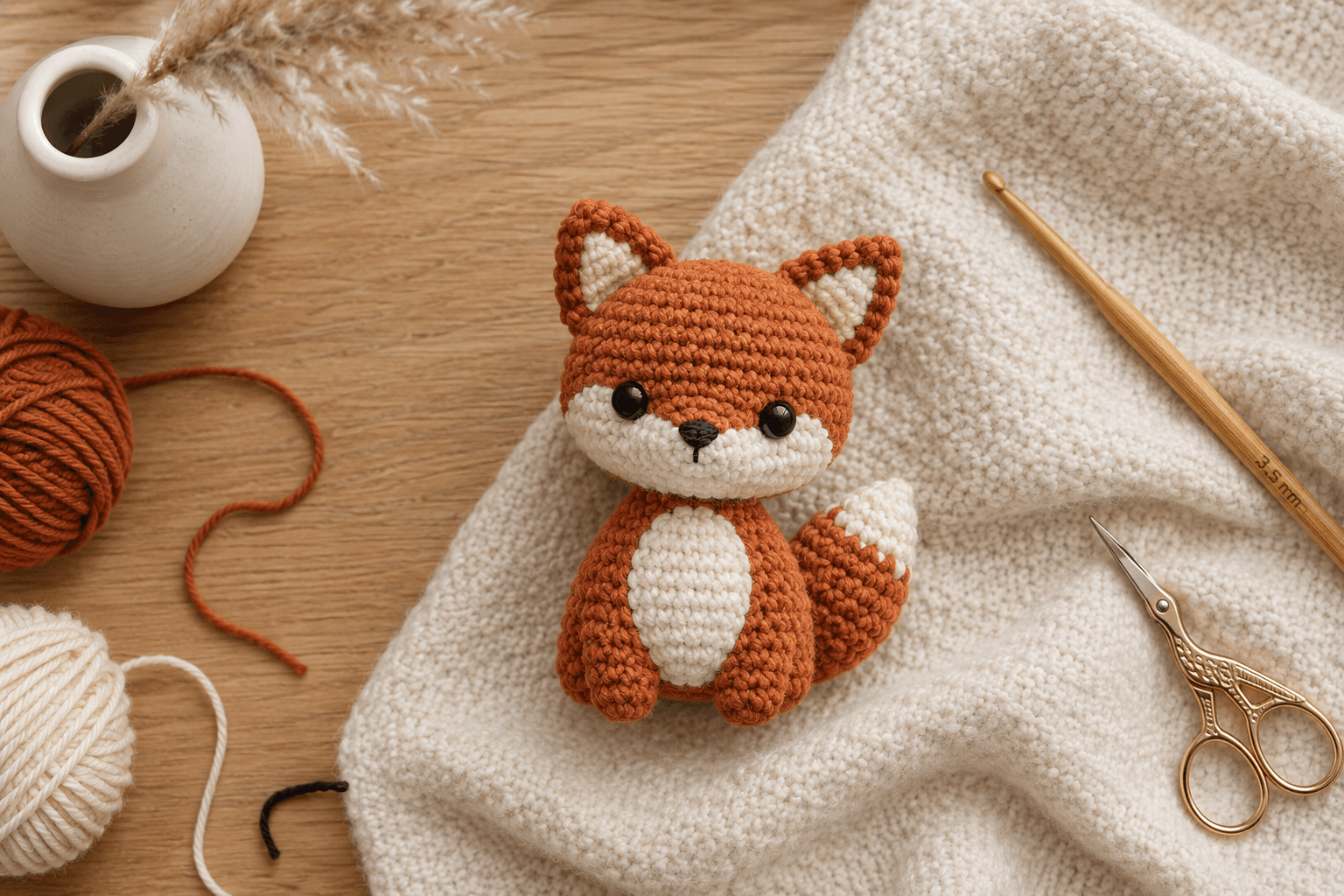 Finished rust-orange mini crochet fox amigurumi with white belly and black eyes, sitting on a cream wool blanket in soft window light