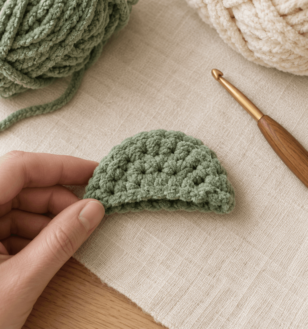 One finished sage green chenille flipper pinched flat between fingers, ready to attach — with the yarn skeins and the wooden Clover Amour hook in the background