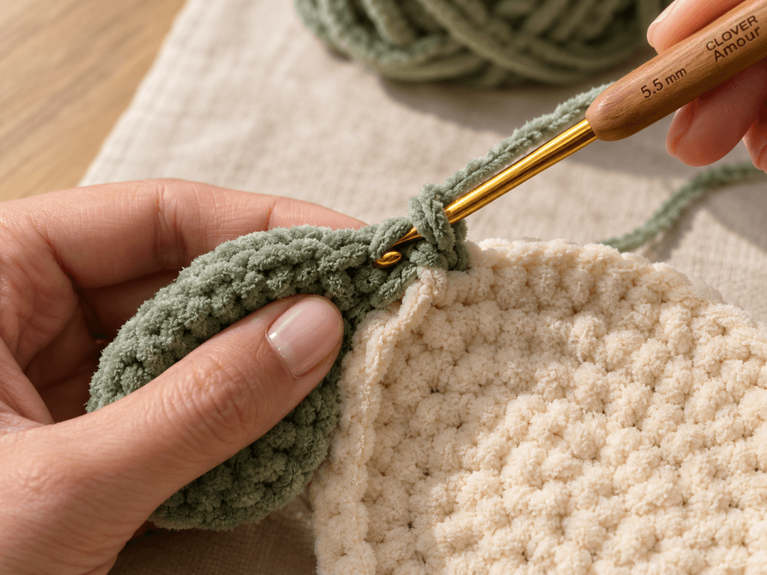 The no-sew technique in action — the crochet hook is caught mid-stitch, piercing through both layers of a folded sage green flipper AND the front loop of the cream belly disc at once, closing the flipper to the shell in a single motion