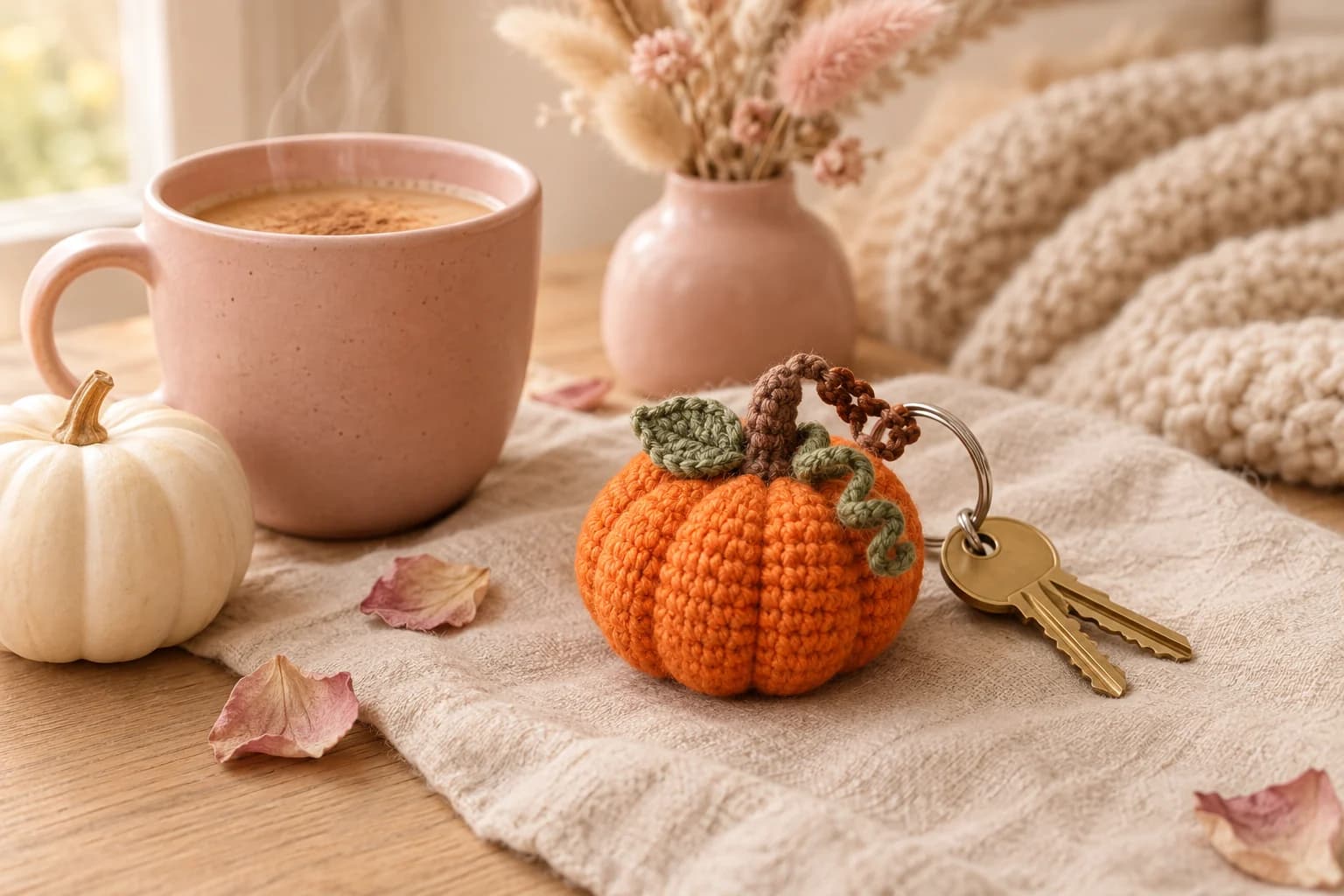 Pumpkin keychain crochet pattern: a small ribbed orange crochet pumpkin with a brown stem, a green leaf and a curly green vine, hanging from a brown loop on a silver key ring with two brass keys, lying on an oatmeal linen cloth next to a blush pink mug of chai, a mini white pumpkin and a few dried rose petals
