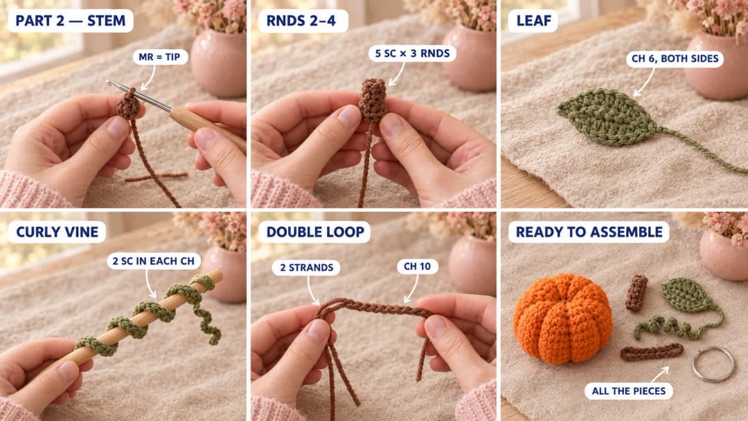 Step 2 of the pumpkin keychain crochet pattern: a tiny brown stem of five single crochet worked in rounds, a flat olive green leaf worked on both sides of a chain, a green corkscrew vine curled around a pencil, and a short double brown chain with two tails at each end, next to a silver split key ring