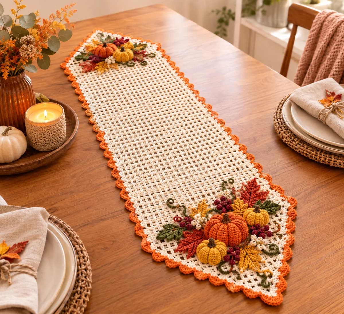 Pumpkin table runner crochet pattern: a cream filet mesh runner with a scalloped orange edge on a wooden dining table, a big harvest cluster of an orange pumpkin, two mustard pumpkins, maple leaves, olive leaves, burgundy berries, cream flowers and green tendrils at the near end, and a smaller cluster with two pumpkins at the far end