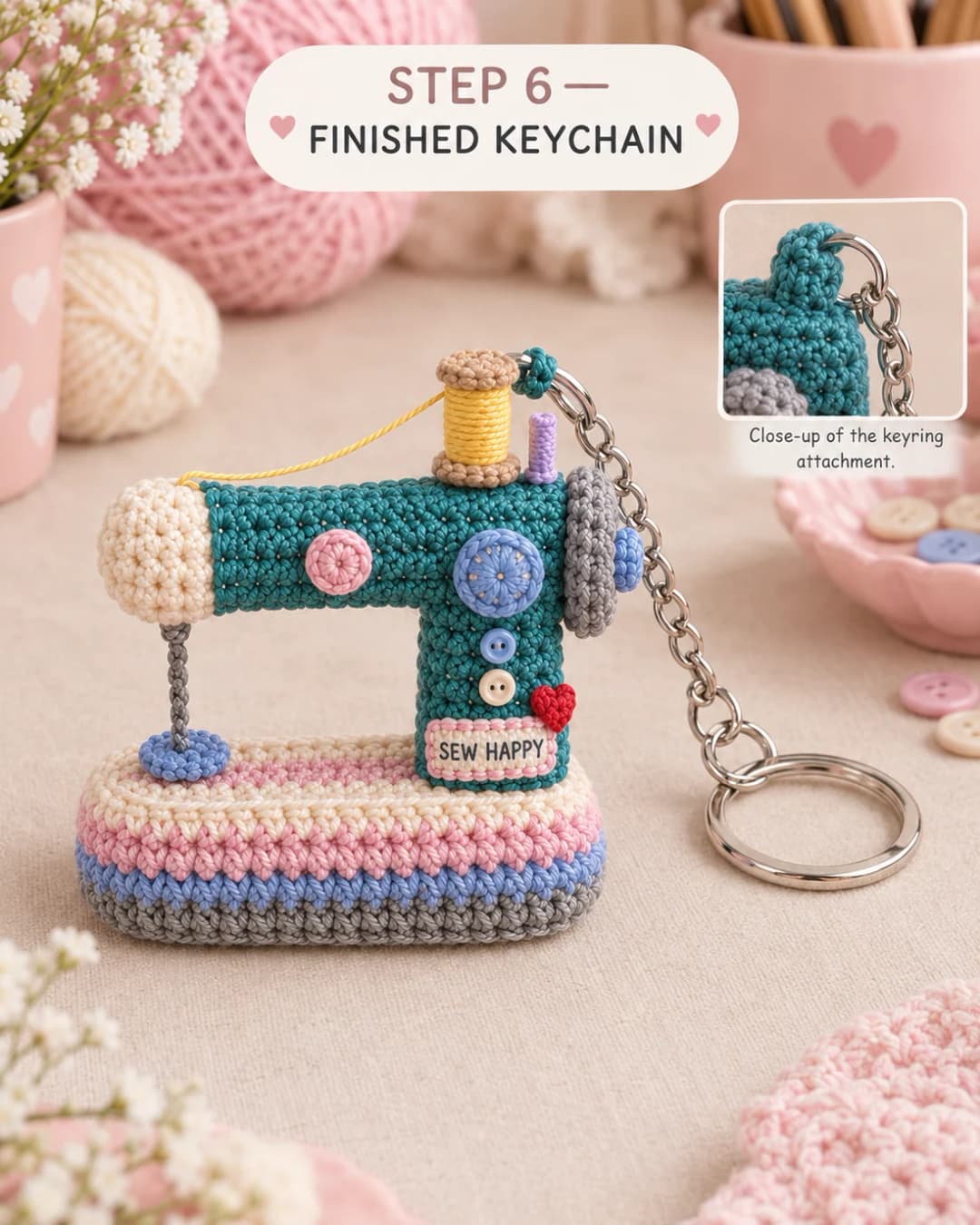 Step 6 of the crochet sewing machine keychain: the finished machine with a teal keyring loop sewn above the pillar, a silver chain and split ring, and a close-up of the loop attachment