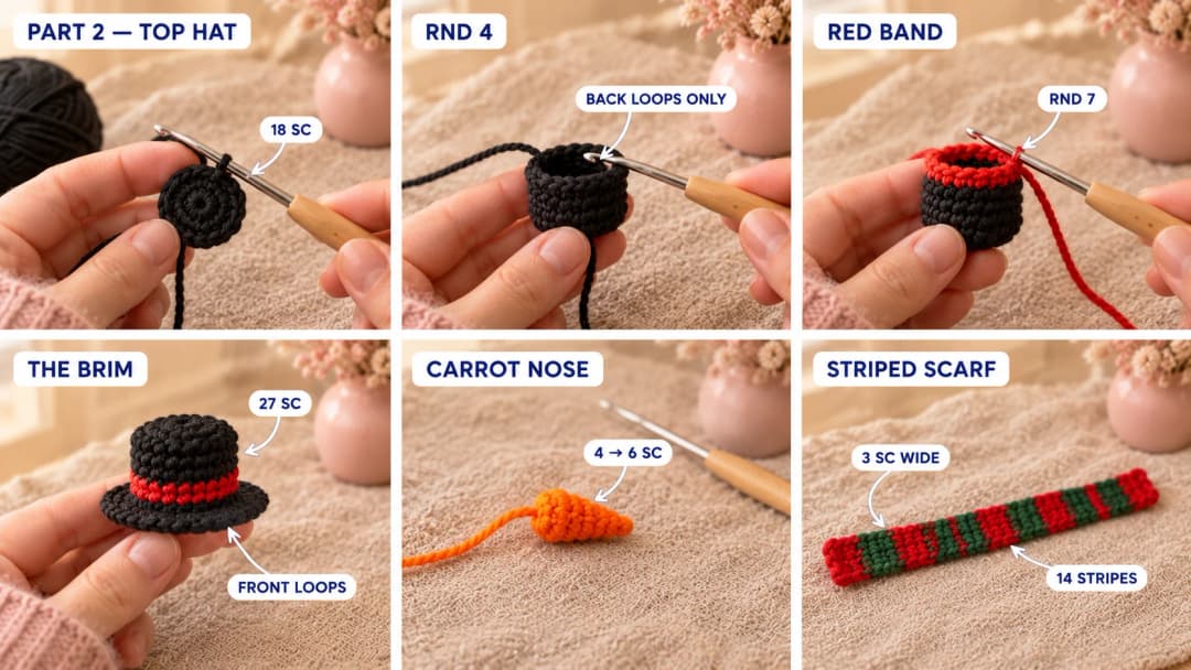 Step 2 of the snowman crochet pattern: a black magic ring growing into a flat circle, the back-loop round that turns the edge of the top hat, a red band round, the flat black brim worked in front loops, a tiny orange carrot nose cone, and a short red and green striped scarf worked in rows of three single crochet