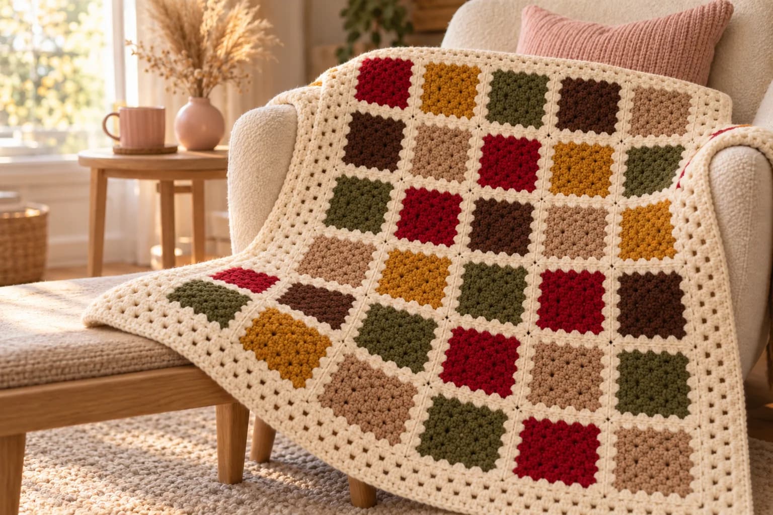 Solid granny square blanket draped over a cream bouclé armchair and a light oak bench: dense squares in cranberry, mustard, olive, chocolate and tan, each framed in cream, joined into a cream grid and finished with a wide cream granny border, next to a blush pink cushion and a light oak side table with a pink mug and a vase of dried pampas