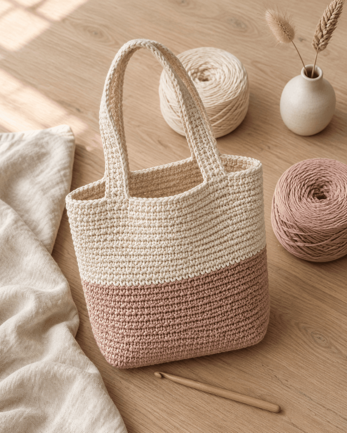 Two-tone crochet tote bag in cream and dusty blush, sitting on a light oak table with a matching pink yarn cake and wooden crochet hook